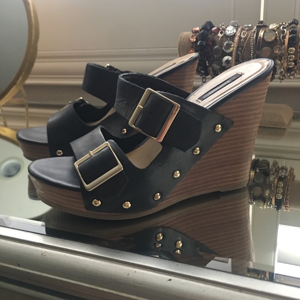 Black leather wedges